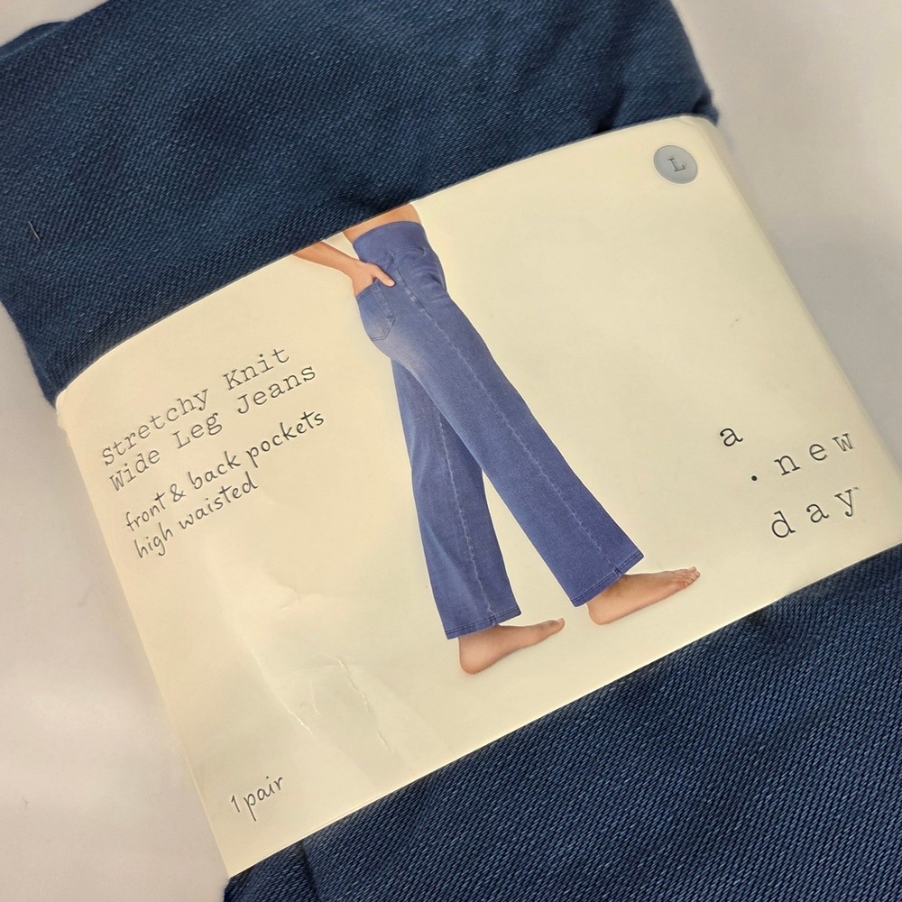 A New Day Stretchy Knit Wide Leg Jeans High Waisted Medium Blue Large NIP